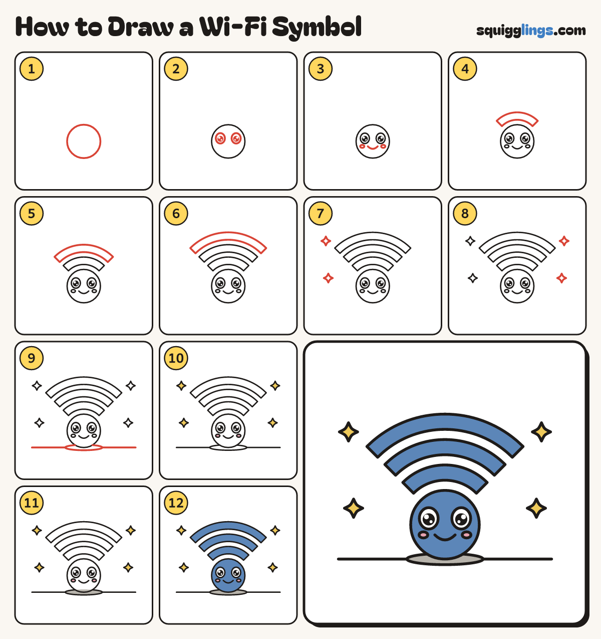 How to Draw a Wi-Fi Symbol step by step: all 12 steps in one picture