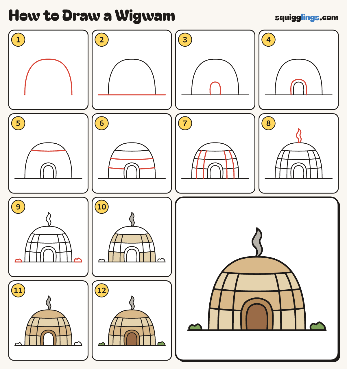 How to Draw a Wigwam step by step: all 12 steps in one picture