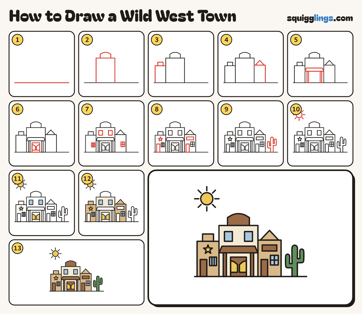 How to Draw a Wild West Town step by step: all 13 steps in one picture