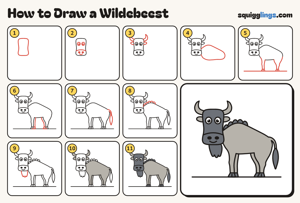 How to Draw a Wildebeest step by step: all 11 steps in one picture