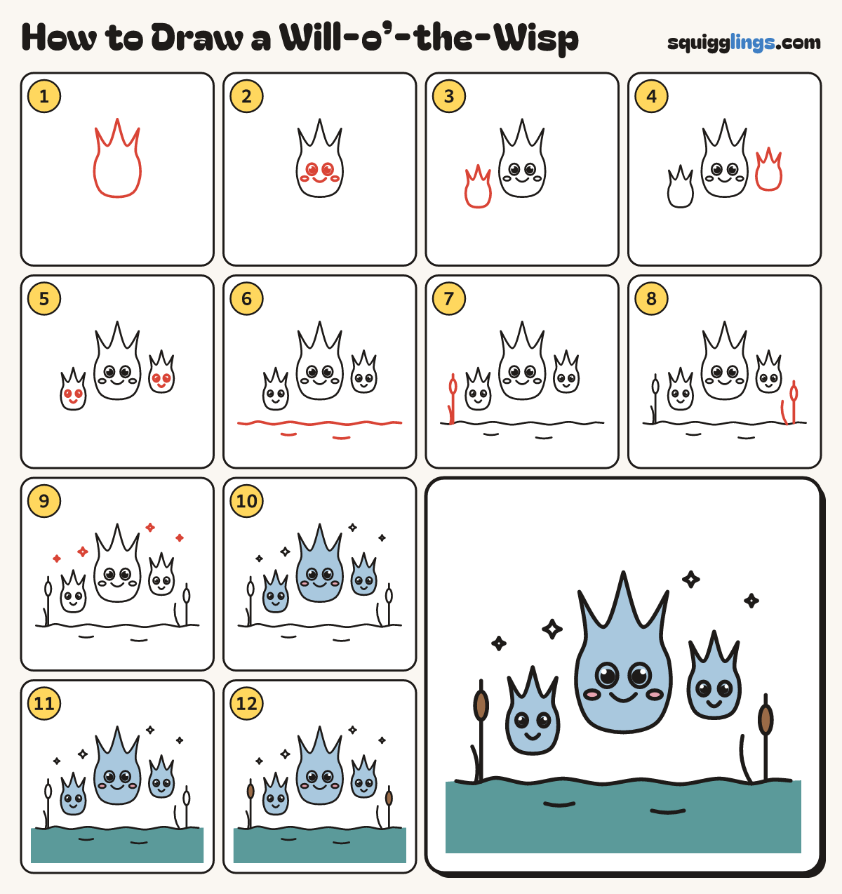 How to Draw a Will-o’-the-Wisp step by step: all 12 steps in one picture