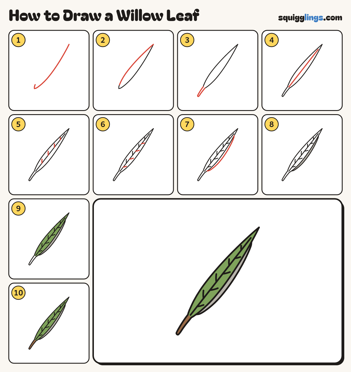 How to Draw a Willow Leaf step by step: all 10 steps in one picture