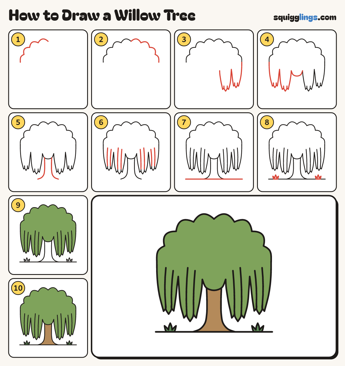 How to Draw a Willow Tree step by step: all 10 steps in one picture