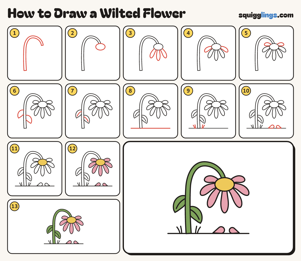 How to Draw a Wilted Flower step by step: all 13 steps in one picture
