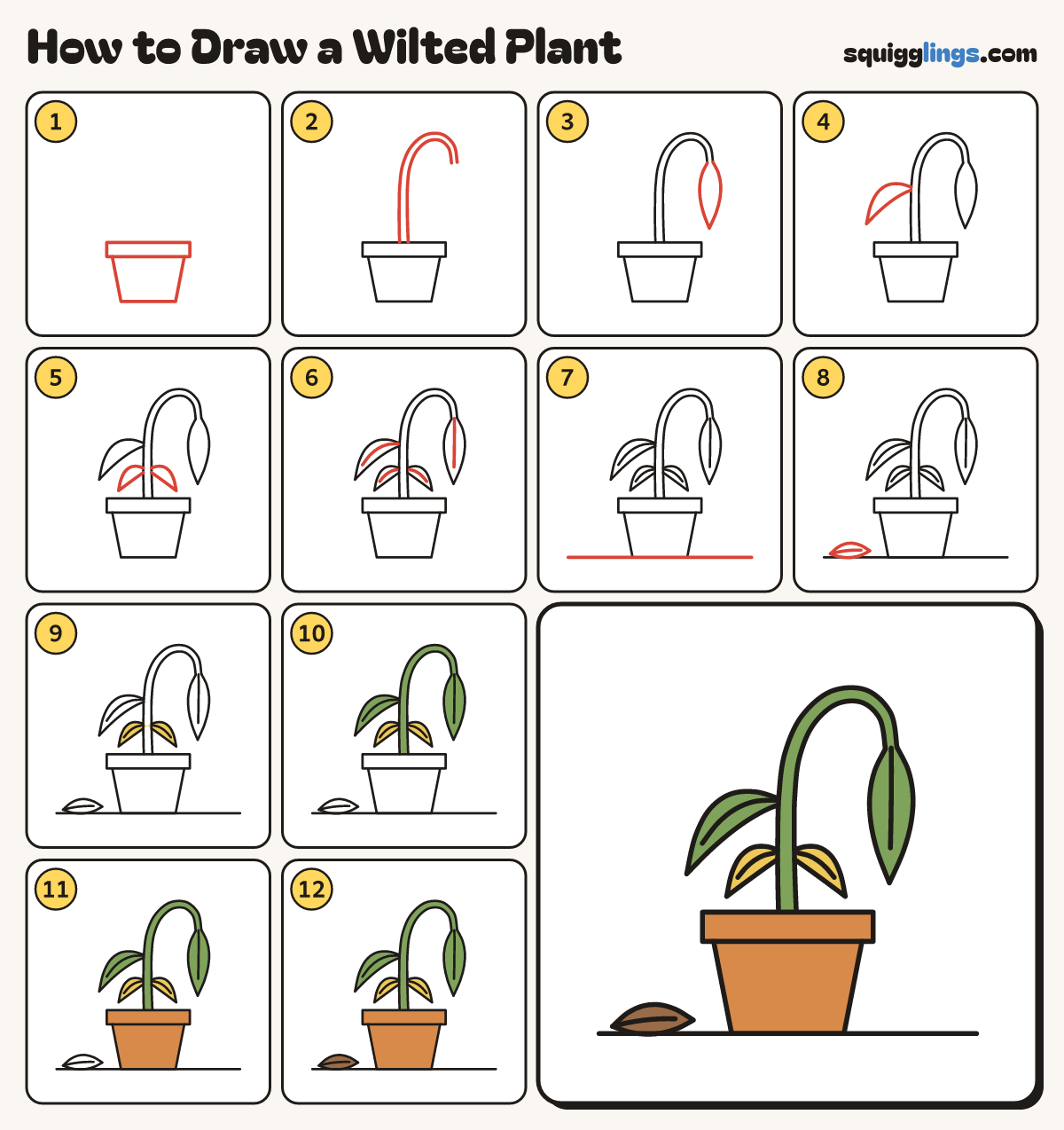 How to Draw a Wilted Plant step by step: all 12 steps in one picture