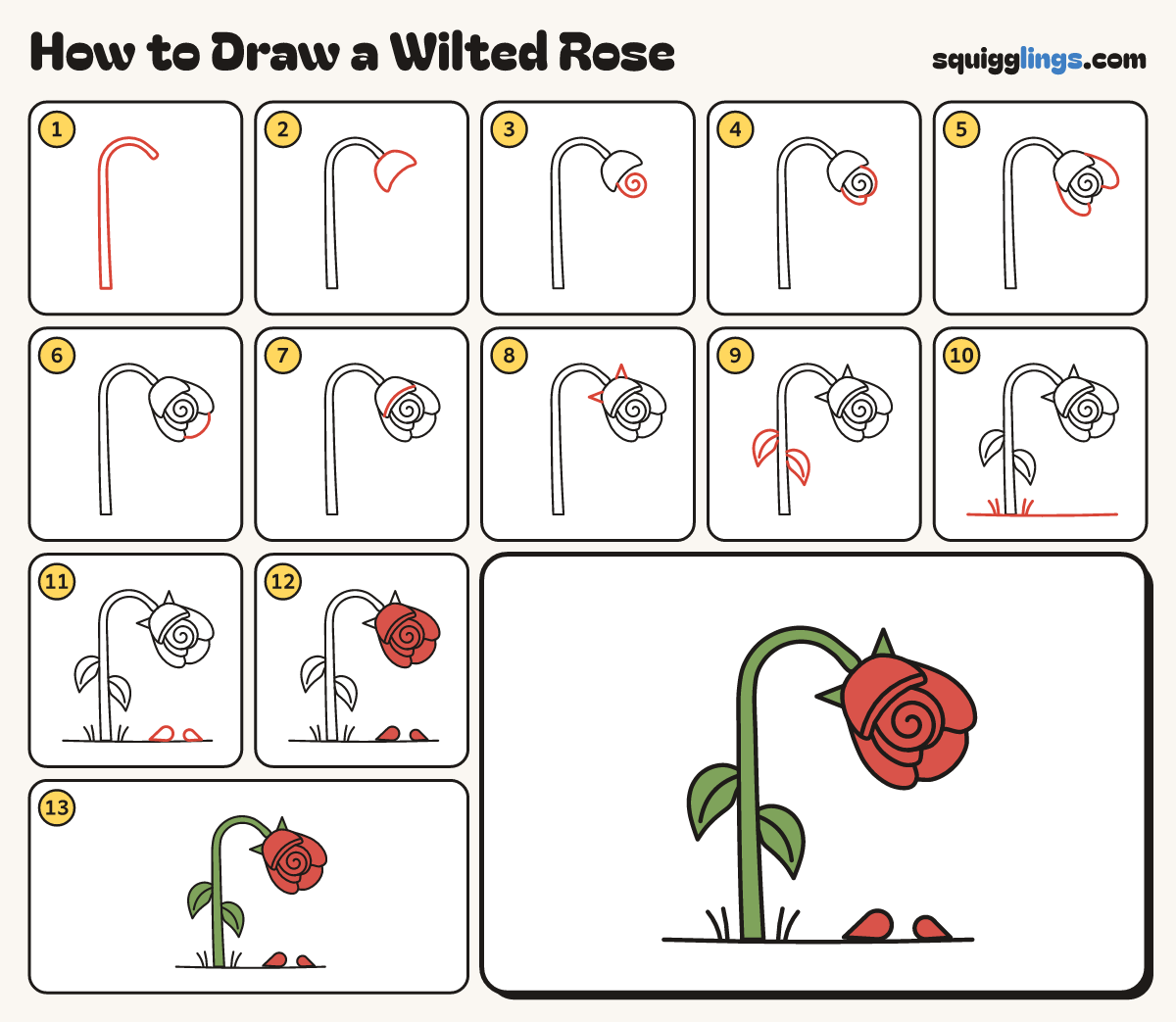 How to Draw a Wilted Rose step by step: all 13 steps in one picture