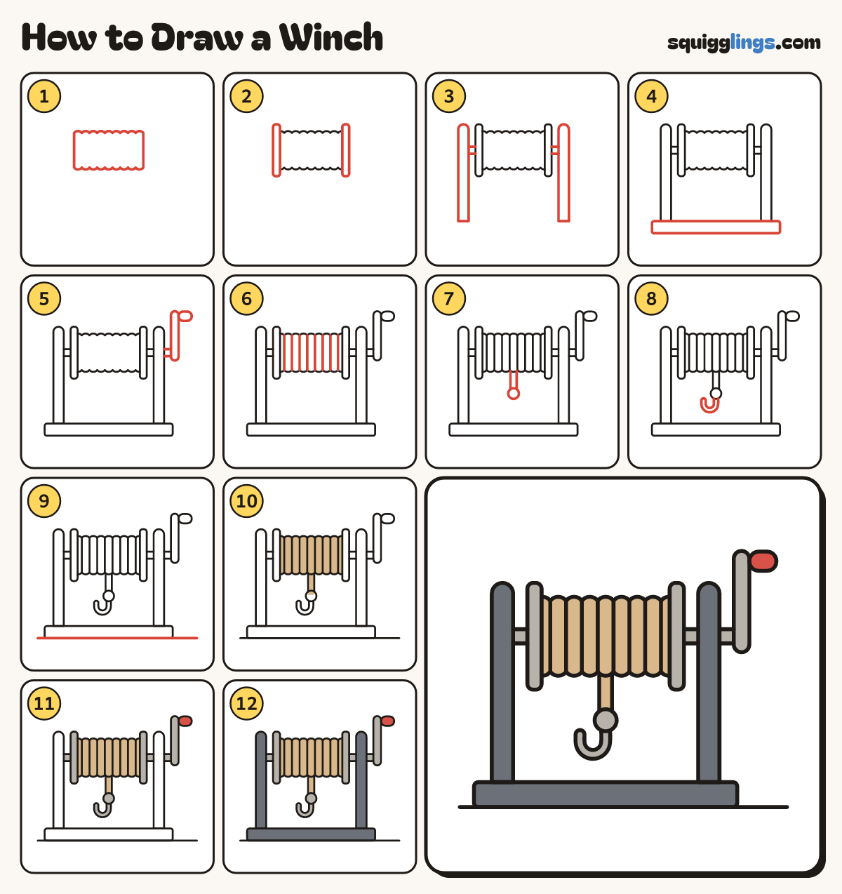How to Draw a Winch step by step: all 12 steps in one picture