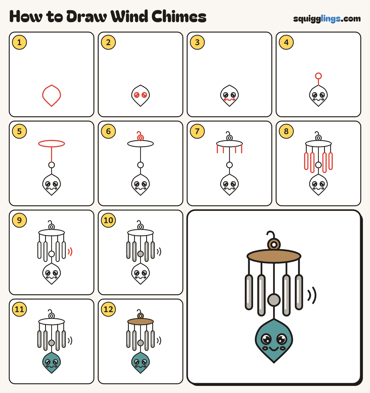 How to Draw Wind Chimes step by step: all 12 steps in one picture