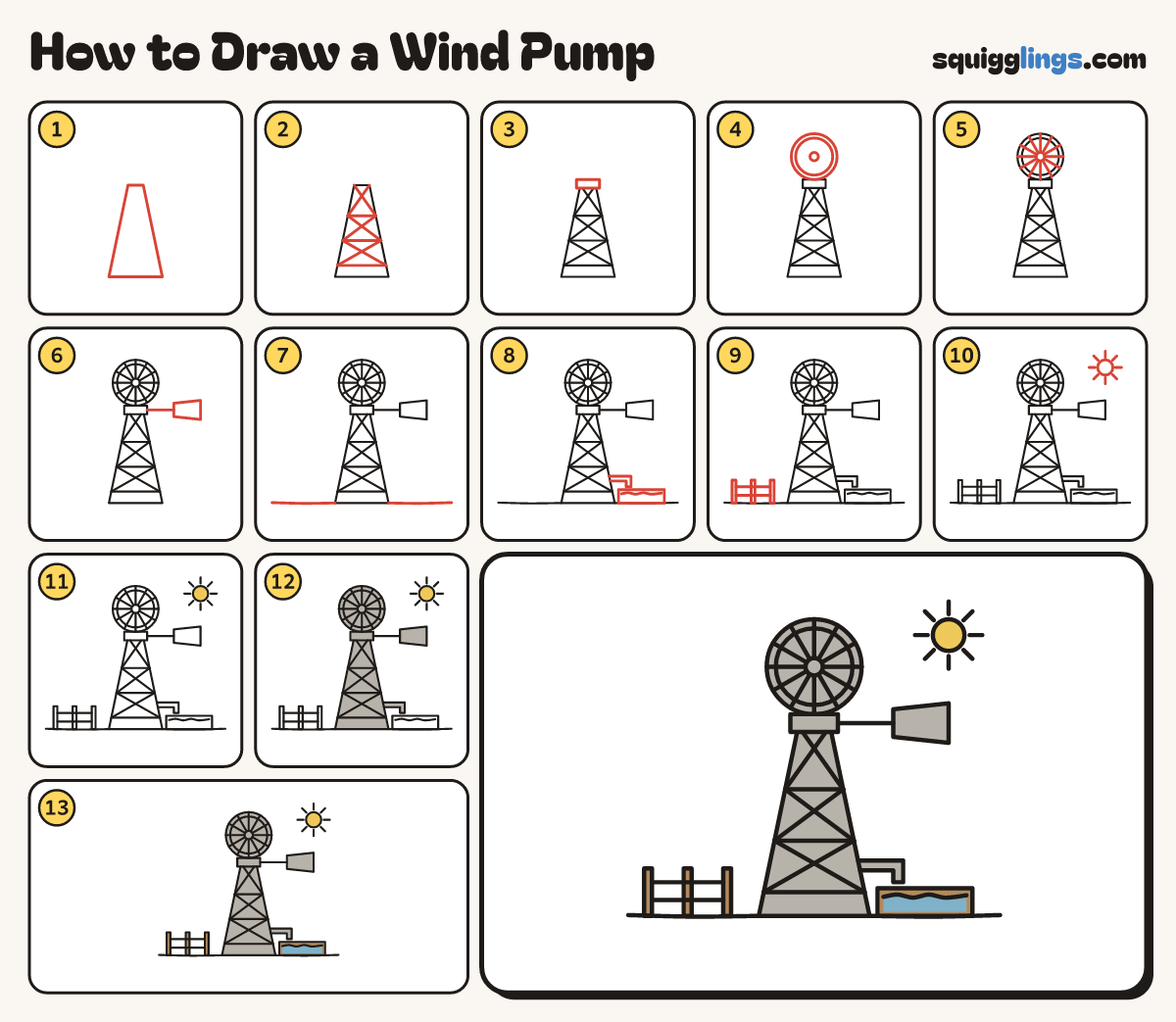 How to Draw a Wind Pump step by step: all 13 steps in one picture