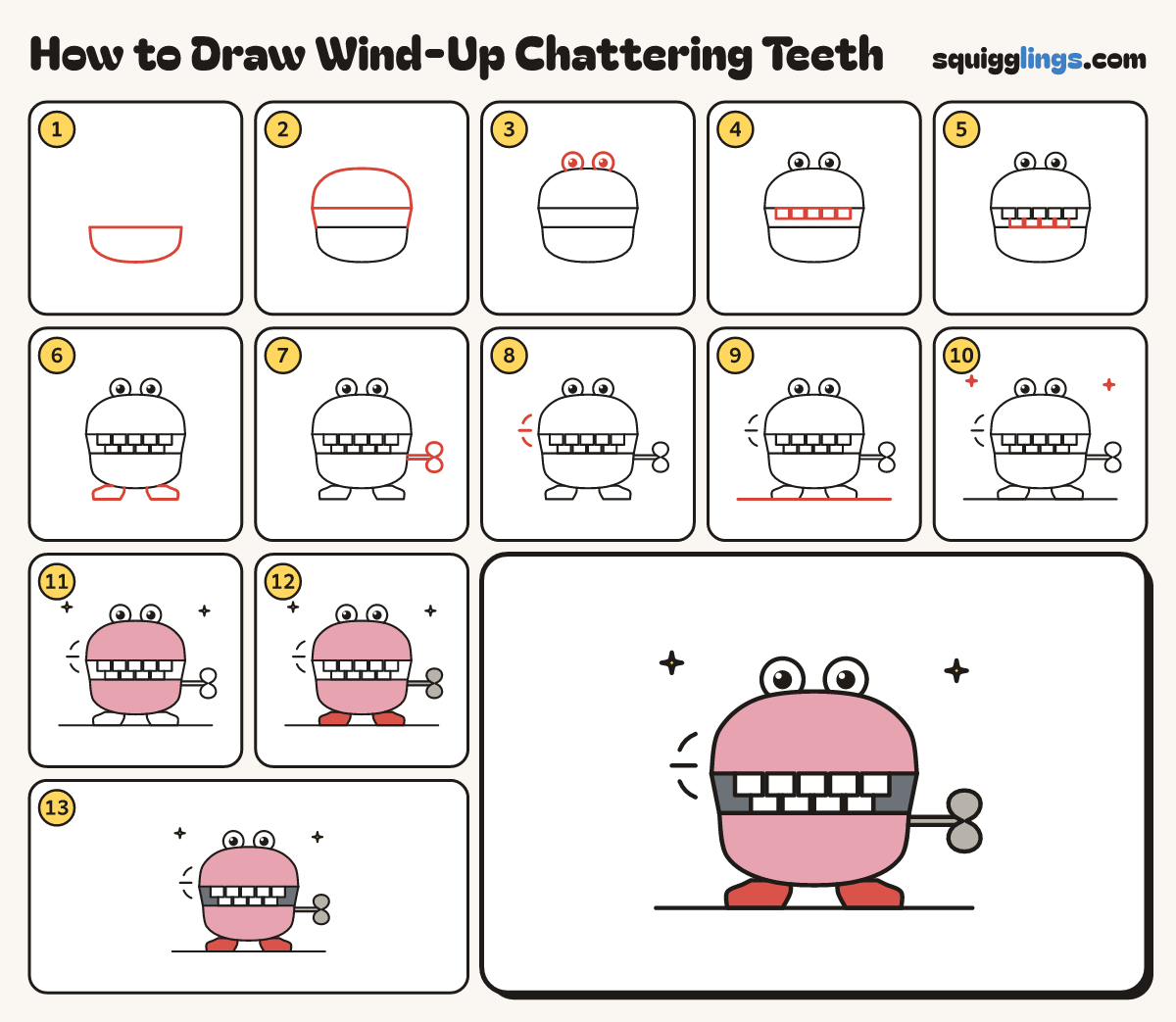 How to Draw Wind-Up Chattering Teeth step by step: all 13 steps in one picture