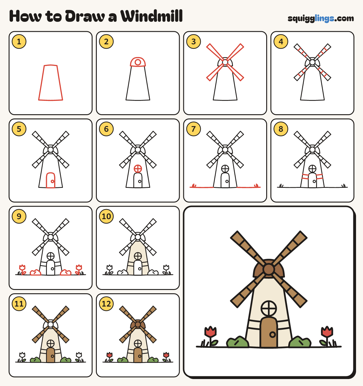 How to Draw a Windmill step by step: all 12 steps in one picture