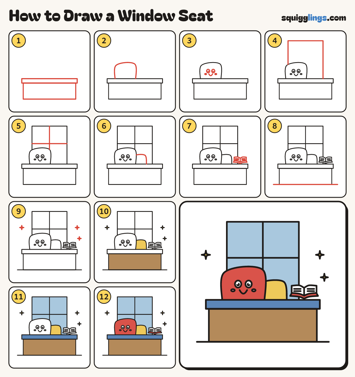 How to Draw a Window Seat step by step: all 12 steps in one picture