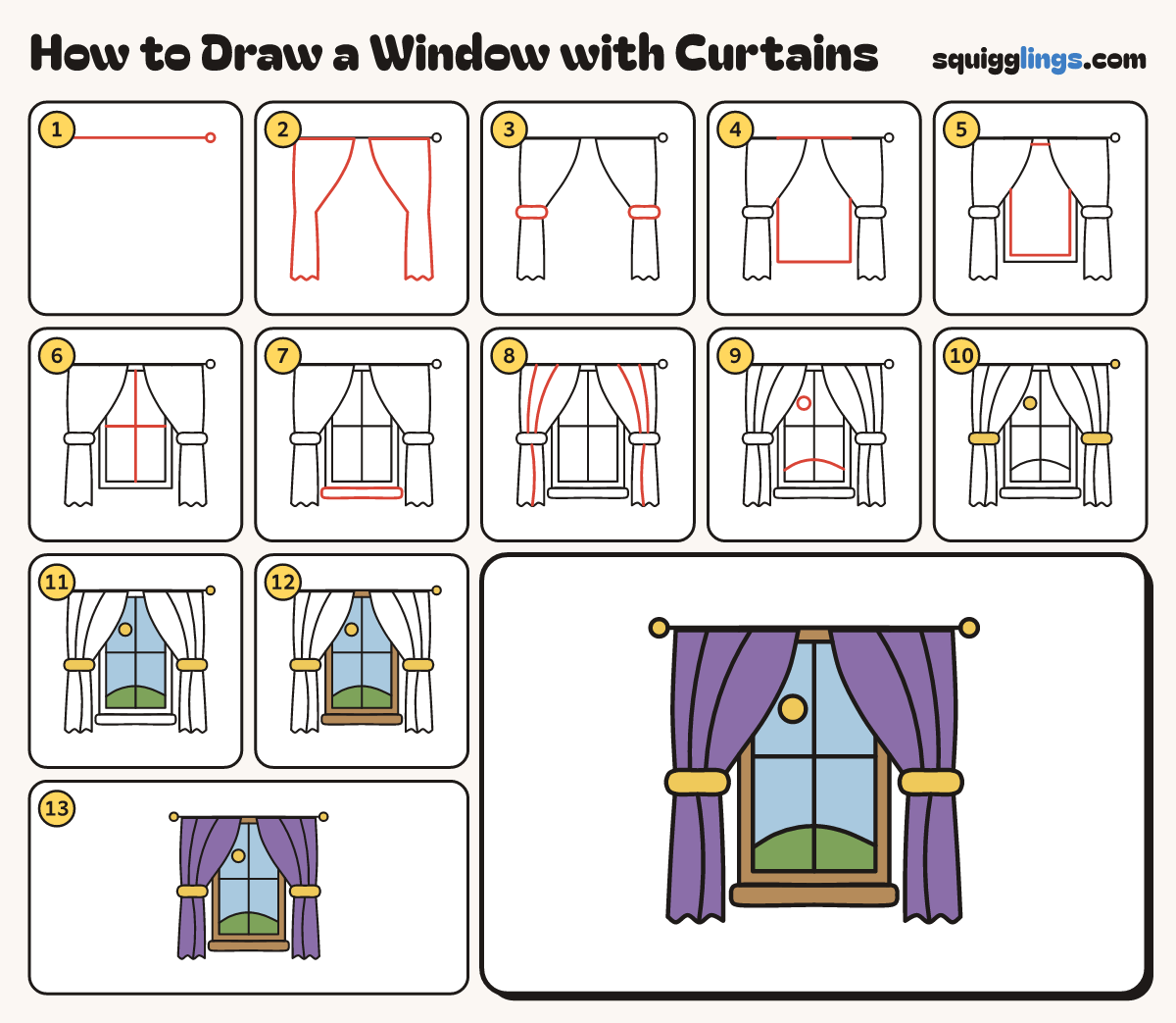 How to Draw a Window with Curtains step by step: all 13 steps in one picture