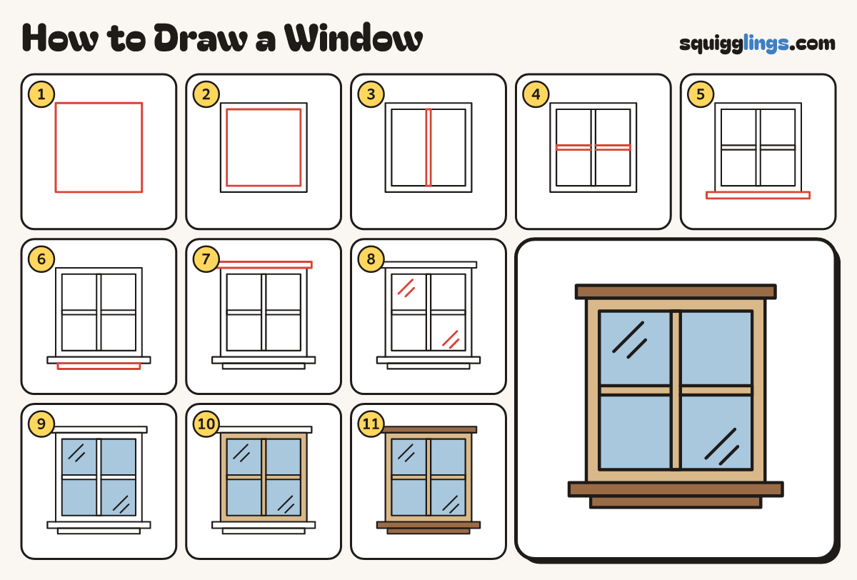 How to Draw a Window step by step: all 11 steps in one picture