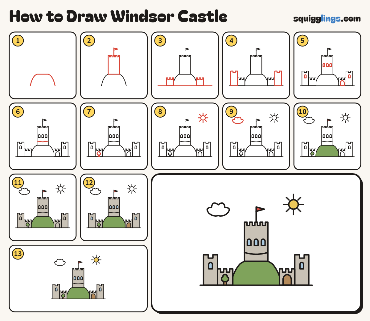 How to Draw Windsor Castle step by step: all 13 steps in one picture