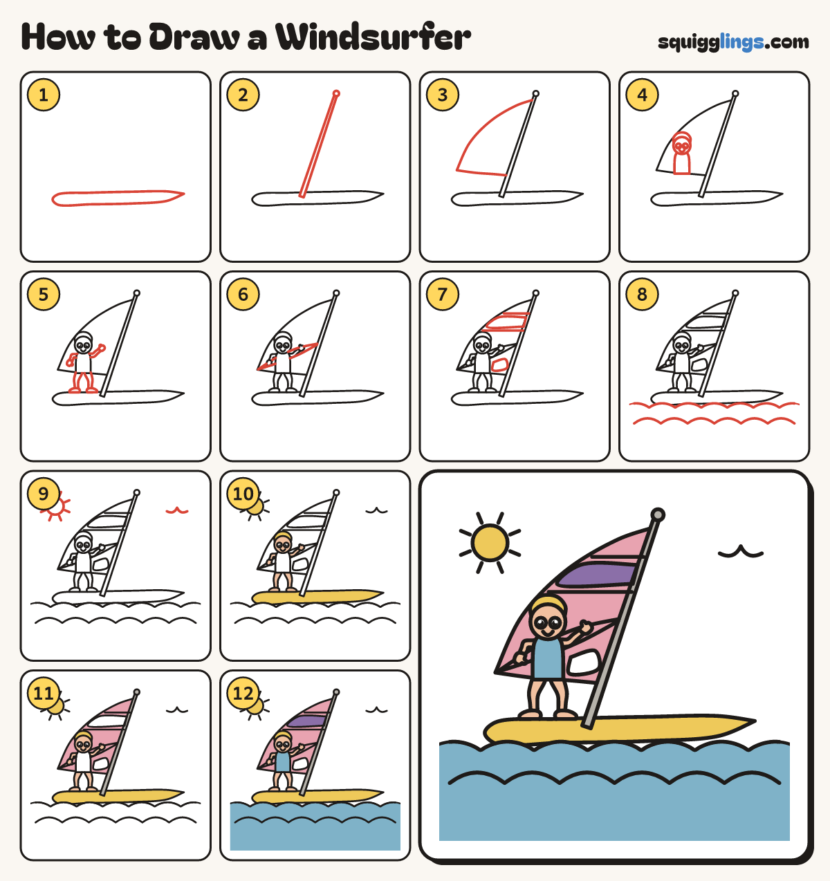 How to Draw a Windsurfer step by step: all 12 steps in one picture