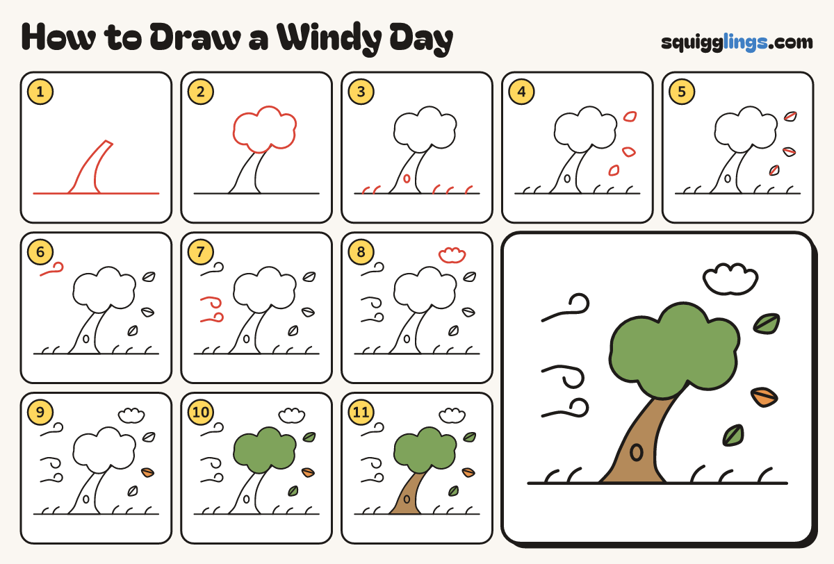 How to Draw a Windy Day step by step: all 11 steps in one picture