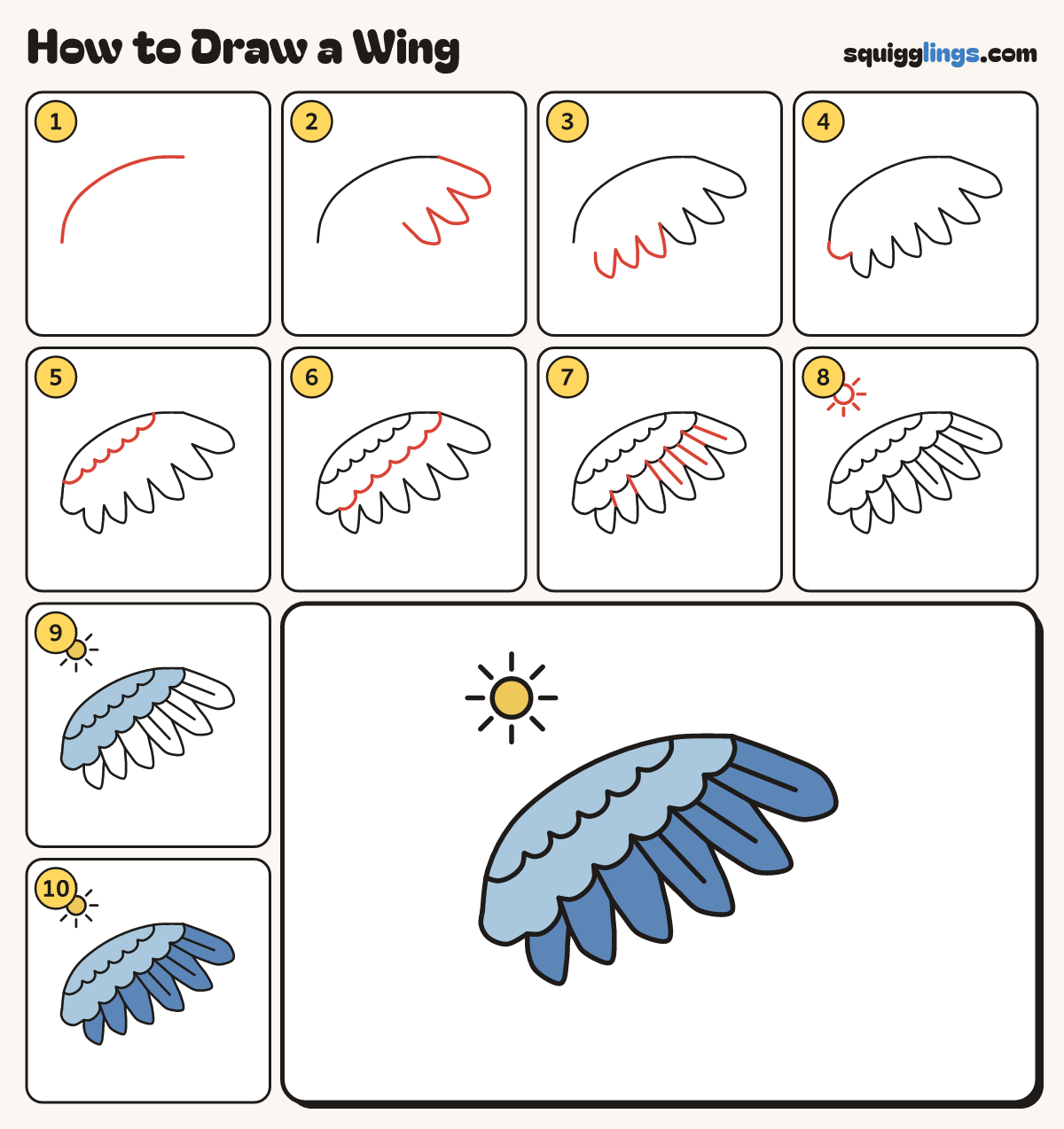 How to Draw a Wing step by step: all 10 steps in one picture