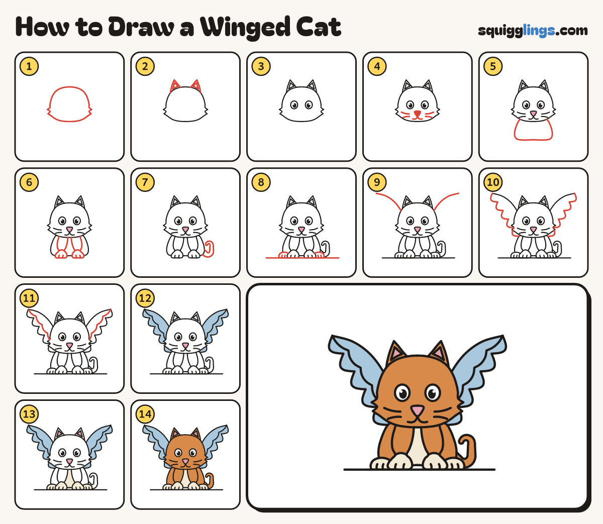 How to Draw a Winged Cat step by step: all 14 steps in one picture
