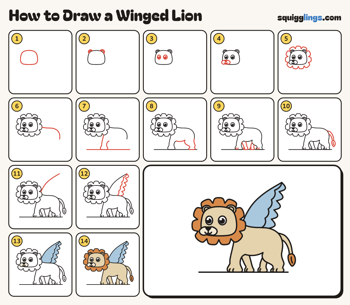 How to Draw a Winged Lion step by step: all 14 steps in one picture