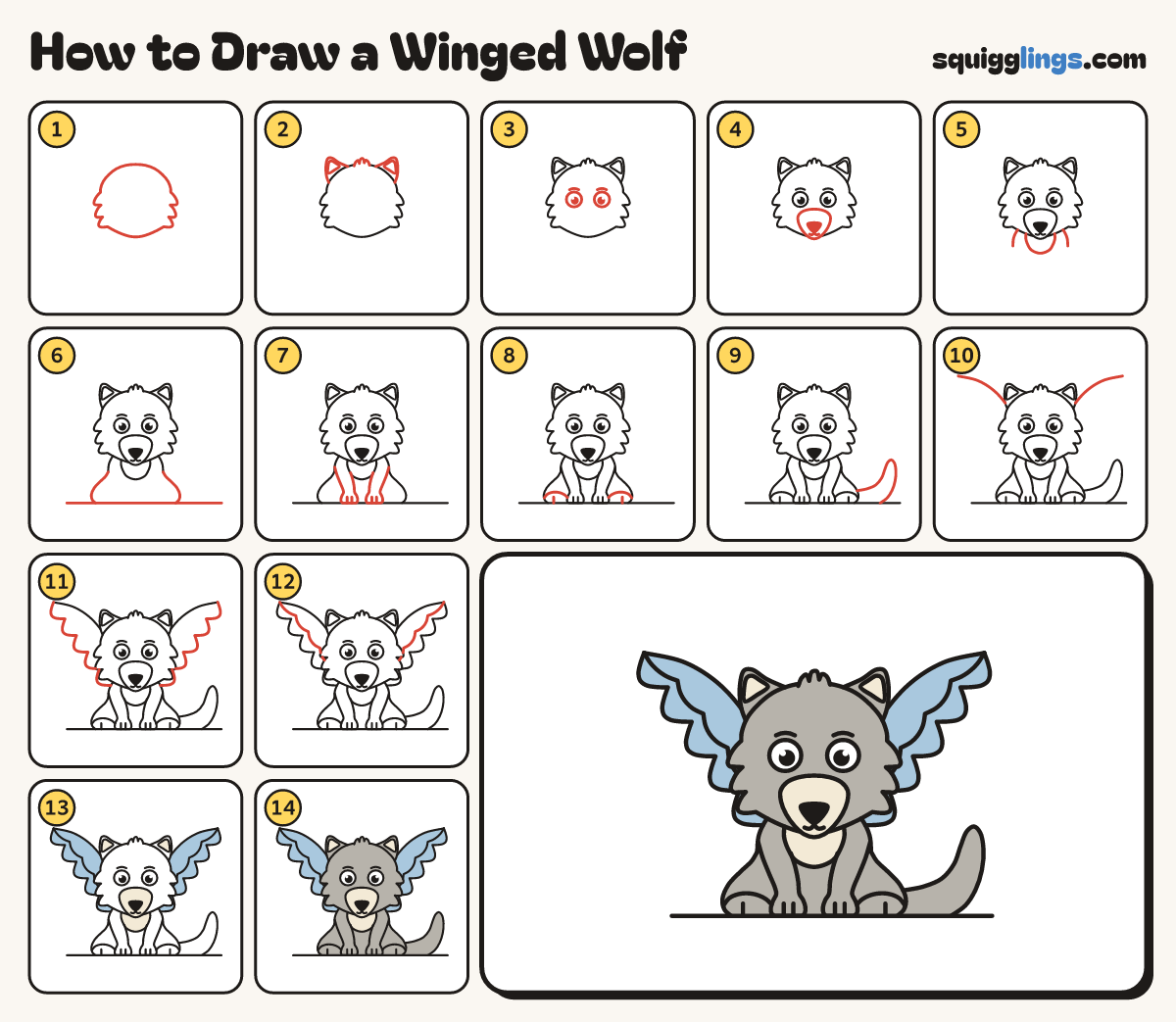 How to Draw a Winged Wolf step by step: all 14 steps in one picture