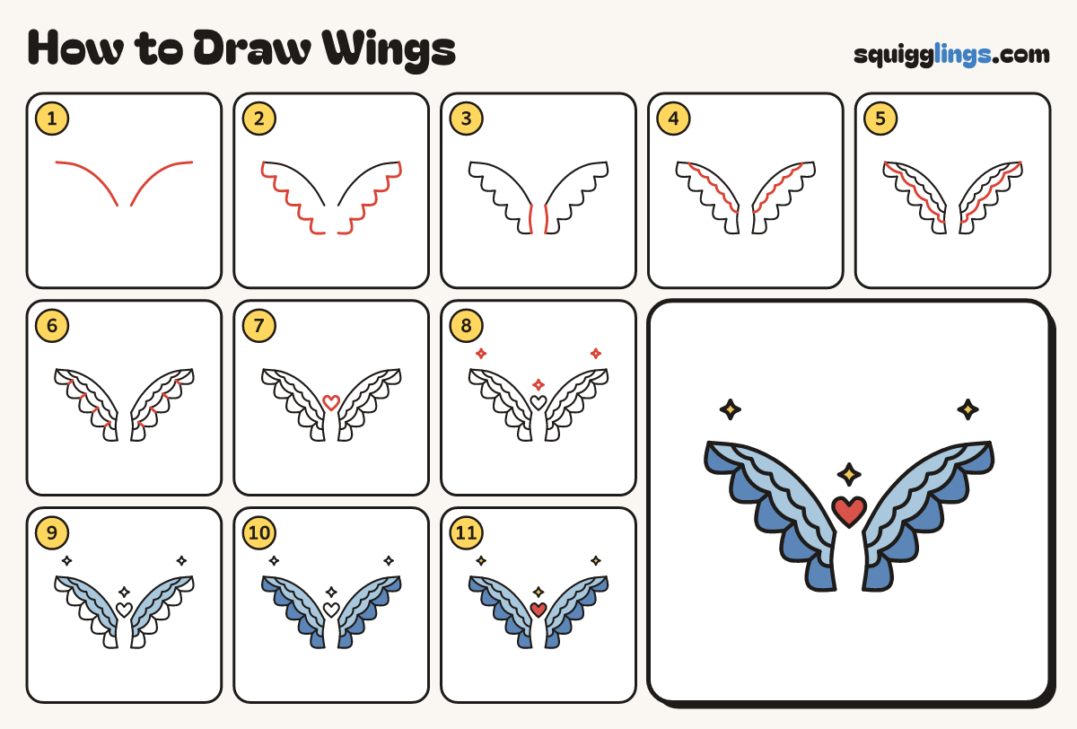 How to Draw Wings step by step: all 11 steps in one picture