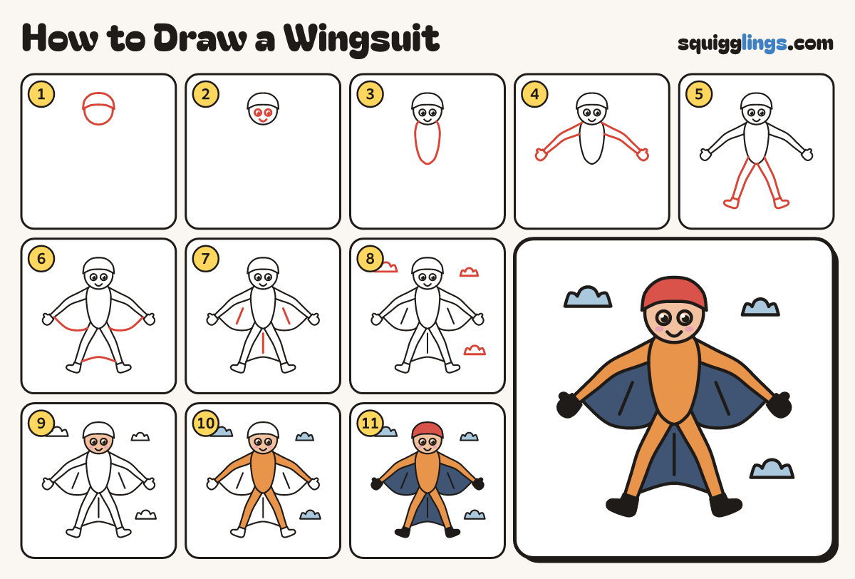 How to Draw a Wingsuit step by step: all 11 steps in one picture