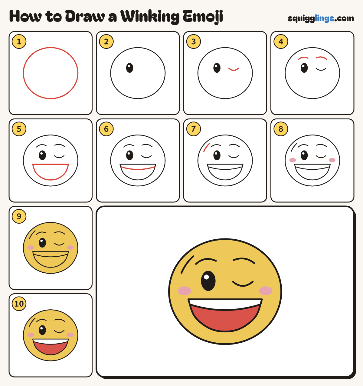 How to Draw a Winking Emoji step by step: all 10 steps in one picture