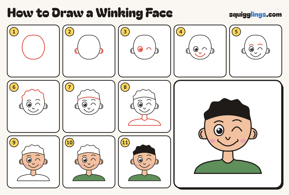 How to Draw a Winking Face step by step: all 11 steps in one picture