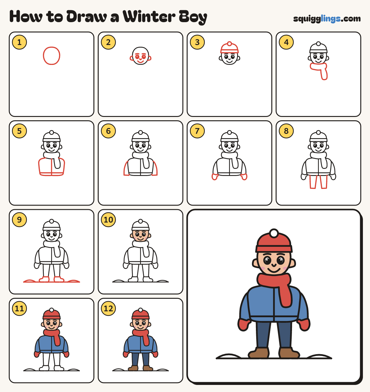 How to Draw a Winter Boy step by step: all 12 steps in one picture