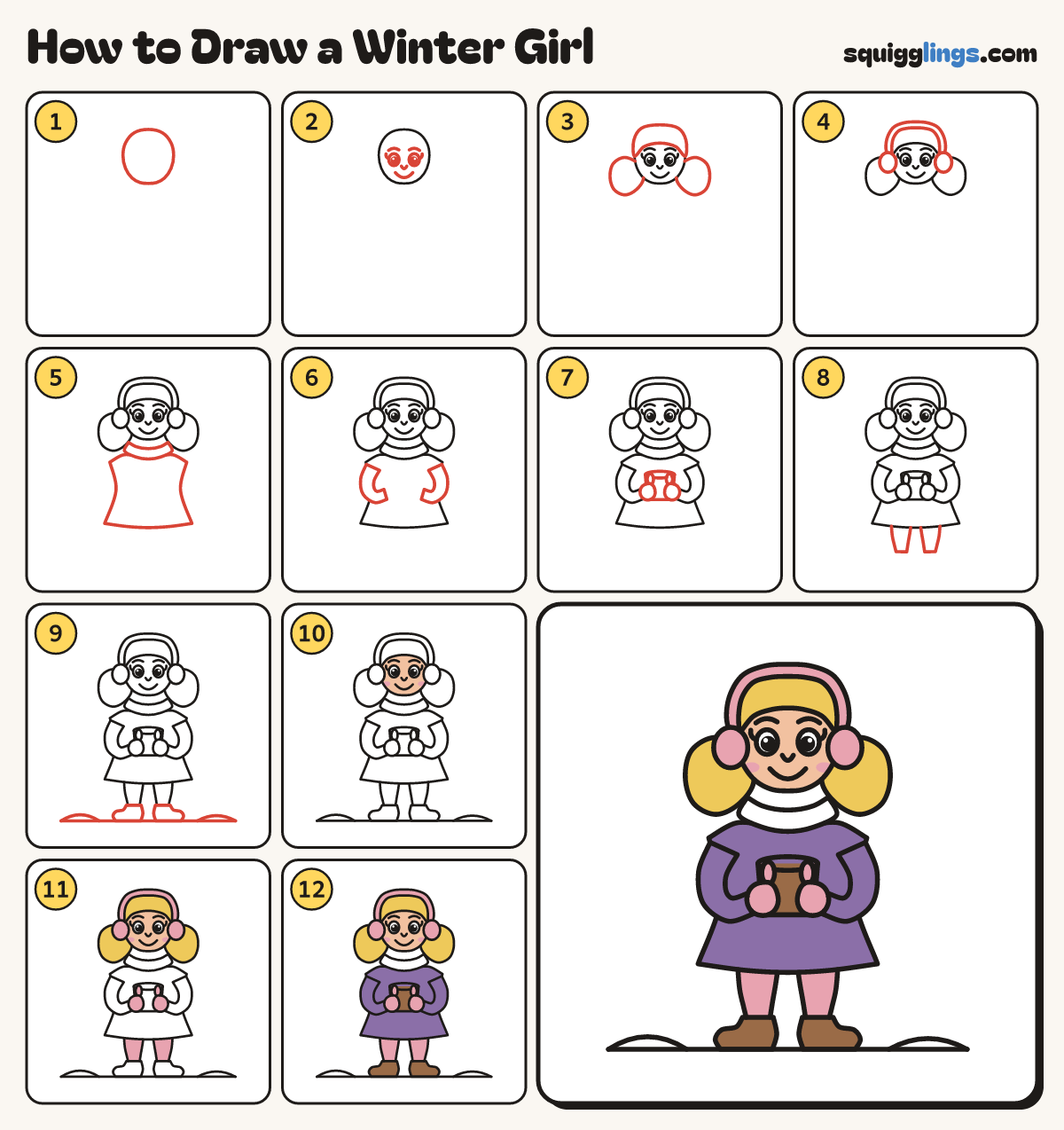 How to Draw a Winter Girl step by step: all 12 steps in one picture