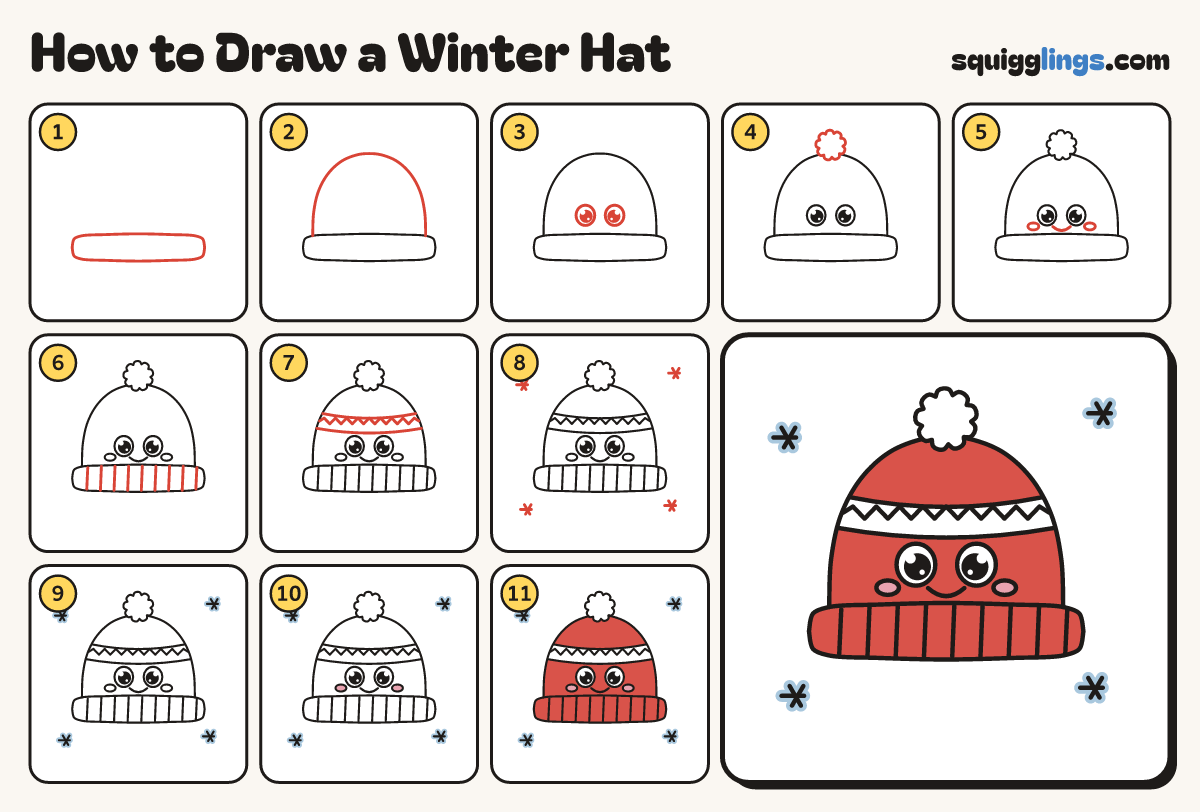 How to Draw a Winter Hat step by step: all 11 steps in one picture