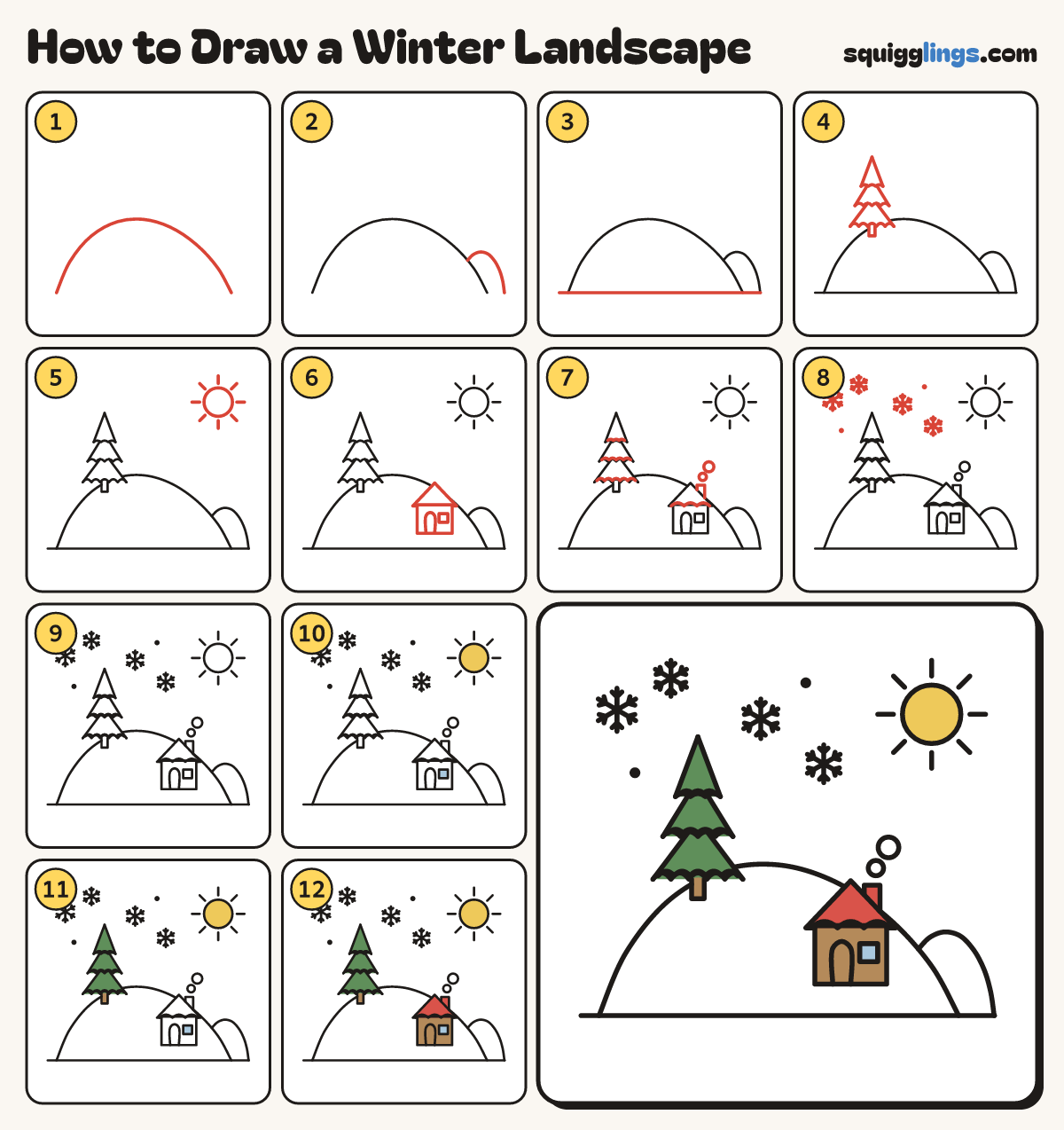 How to Draw a Winter Landscape step by step: all 12 steps in one picture