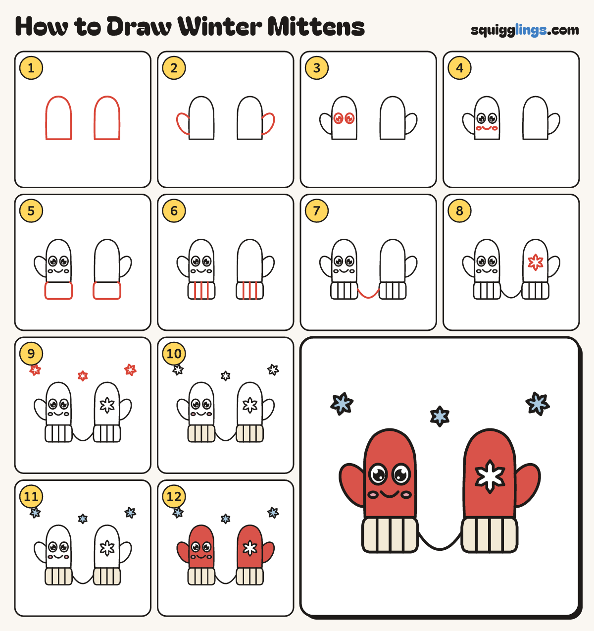 How to Draw Winter Mittens step by step: all 12 steps in one picture