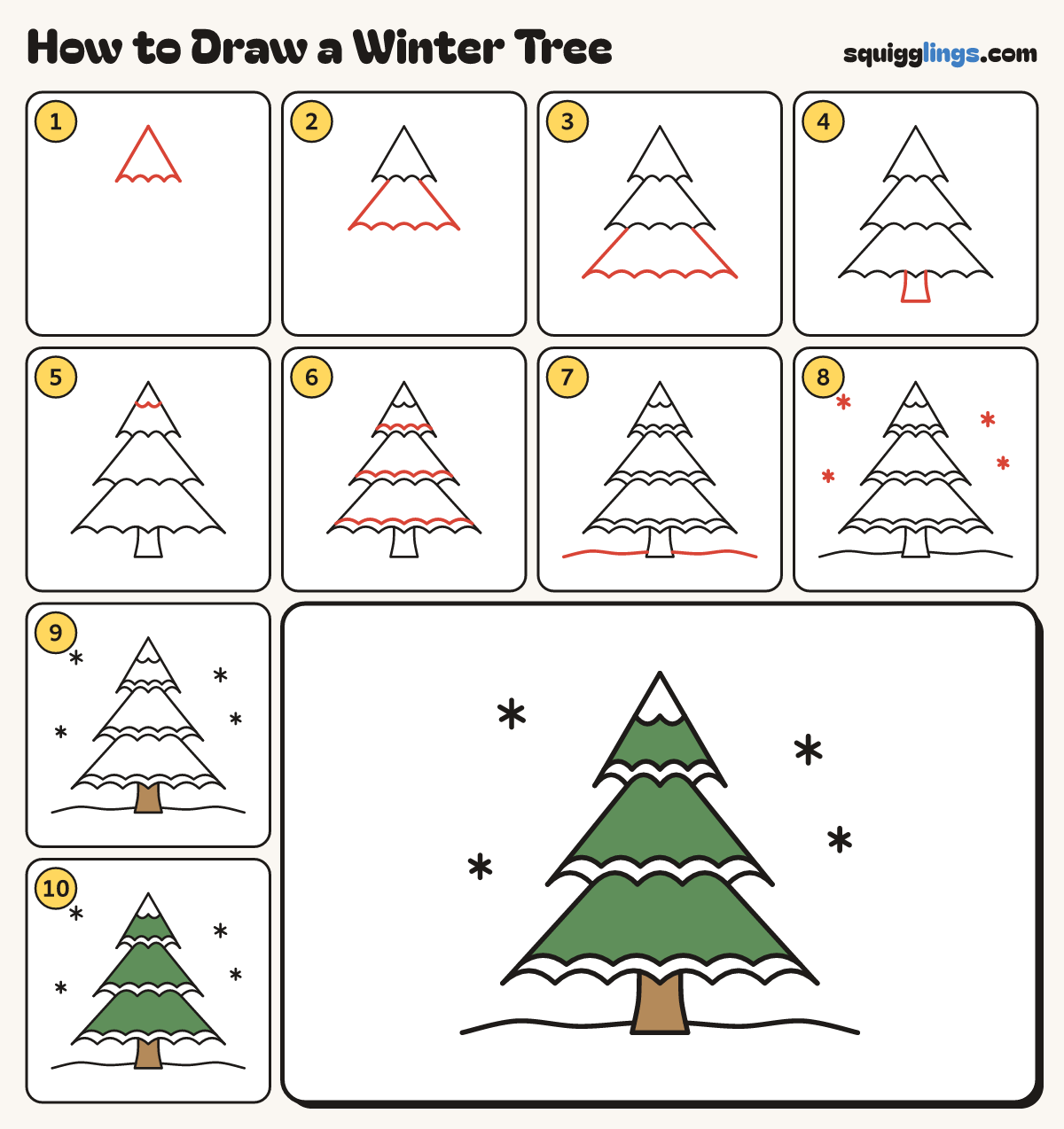 How to Draw a Winter Tree step by step: all 10 steps in one picture
