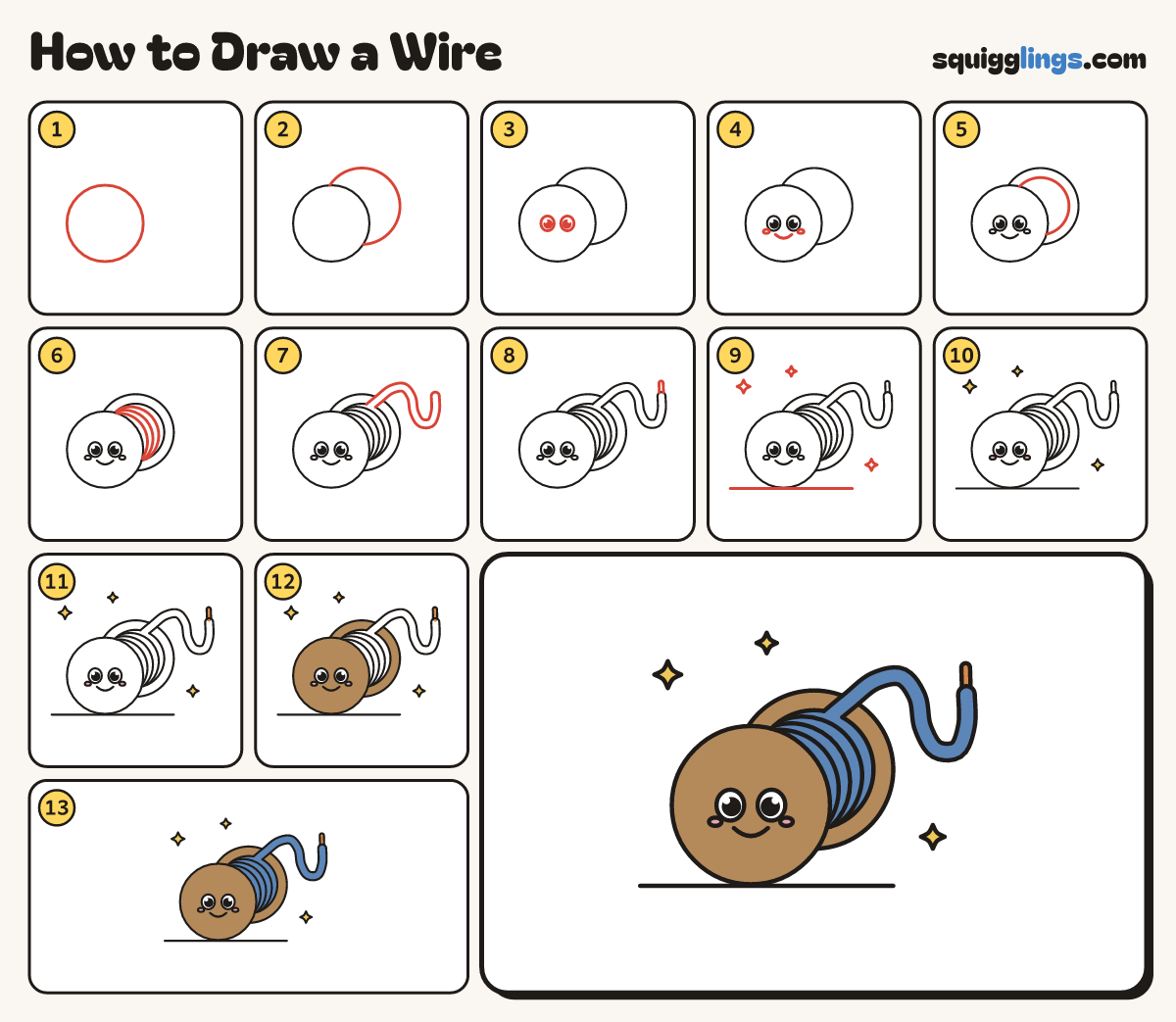 How to Draw a Wire step by step: all 13 steps in one picture