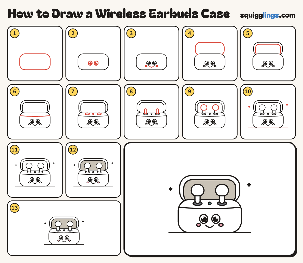How to Draw a Wireless Earbuds Case step by step: all 13 steps in one picture