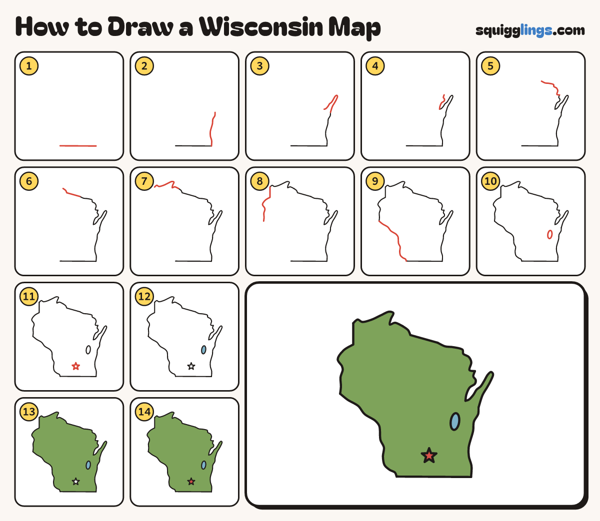 How to Draw a Wisconsin Map step by step: all 14 steps in one picture