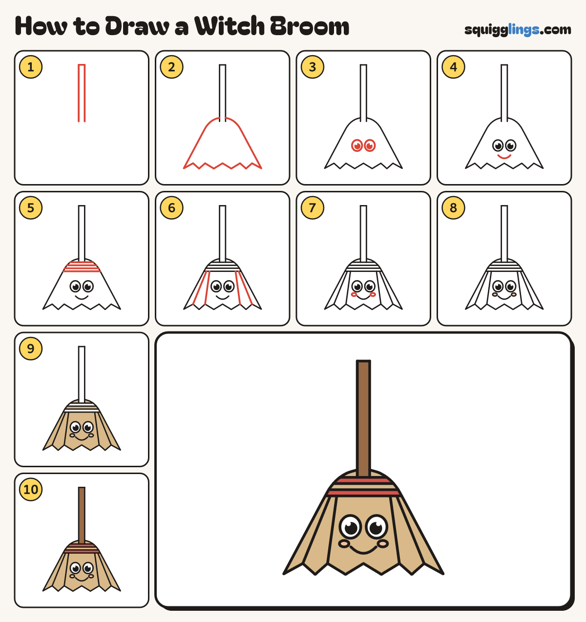 How to Draw a Witch Broom step by step: all 10 steps in one picture