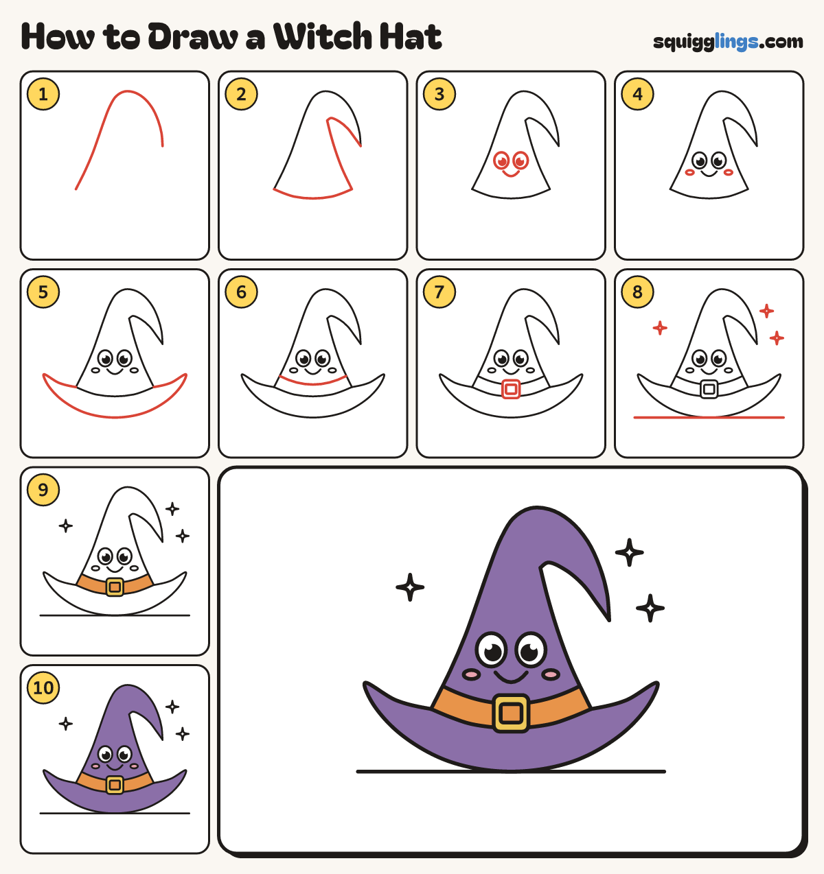 How to Draw a Witch Hat step by step: all 10 steps in one picture