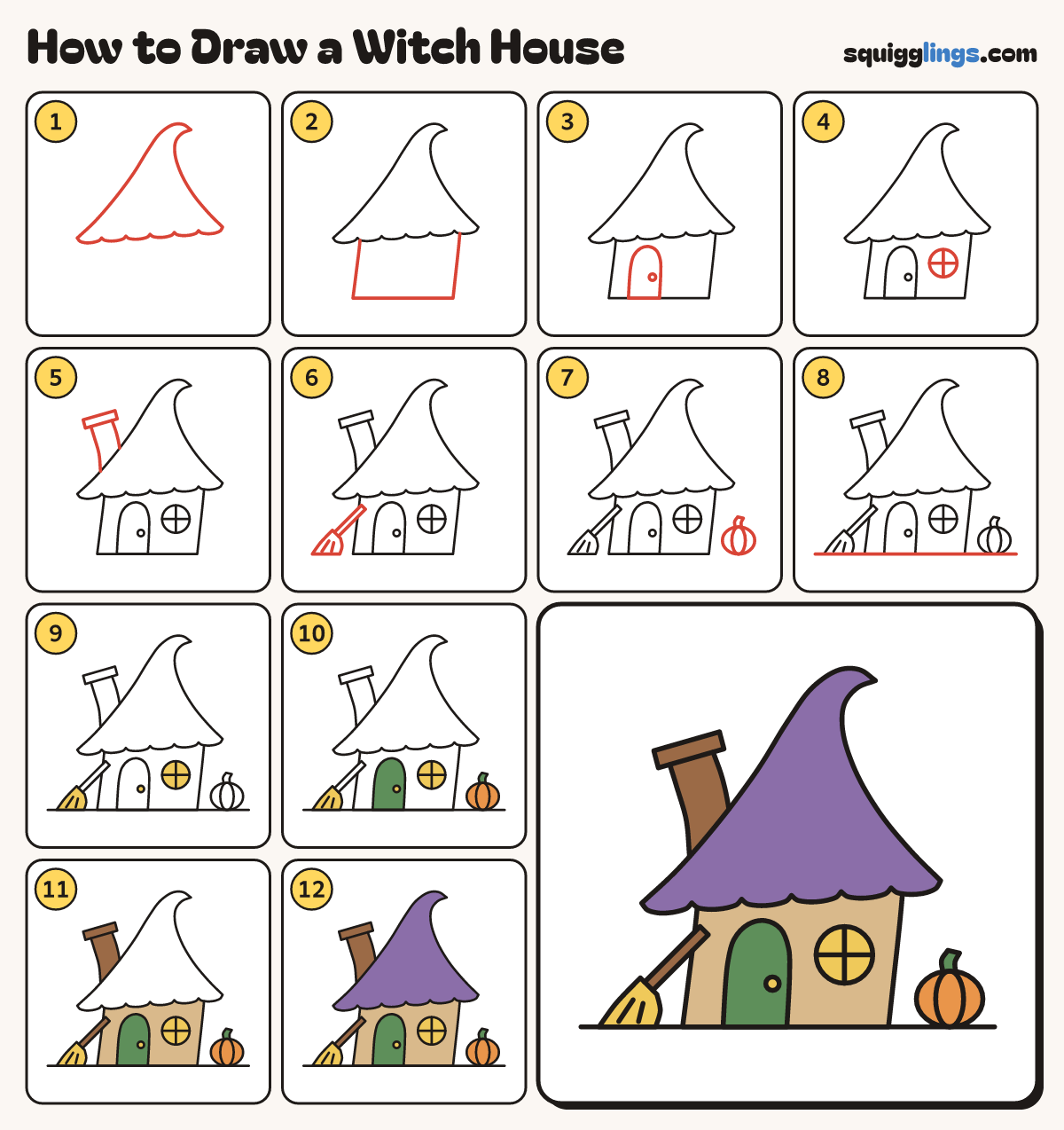 How to Draw a Witch House step by step: all 12 steps in one picture