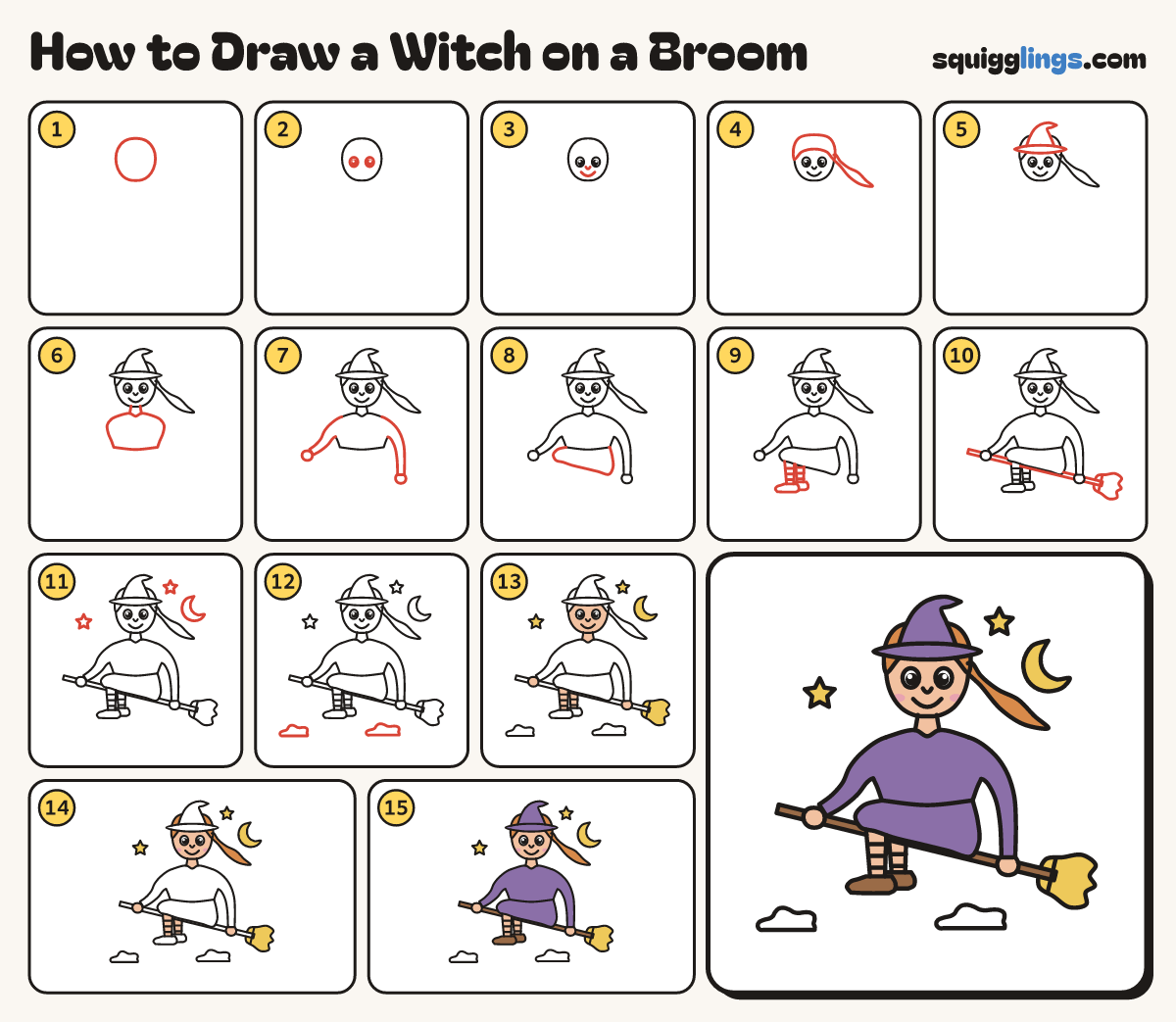 How to Draw a Witch on a Broom step by step: all 15 steps in one picture