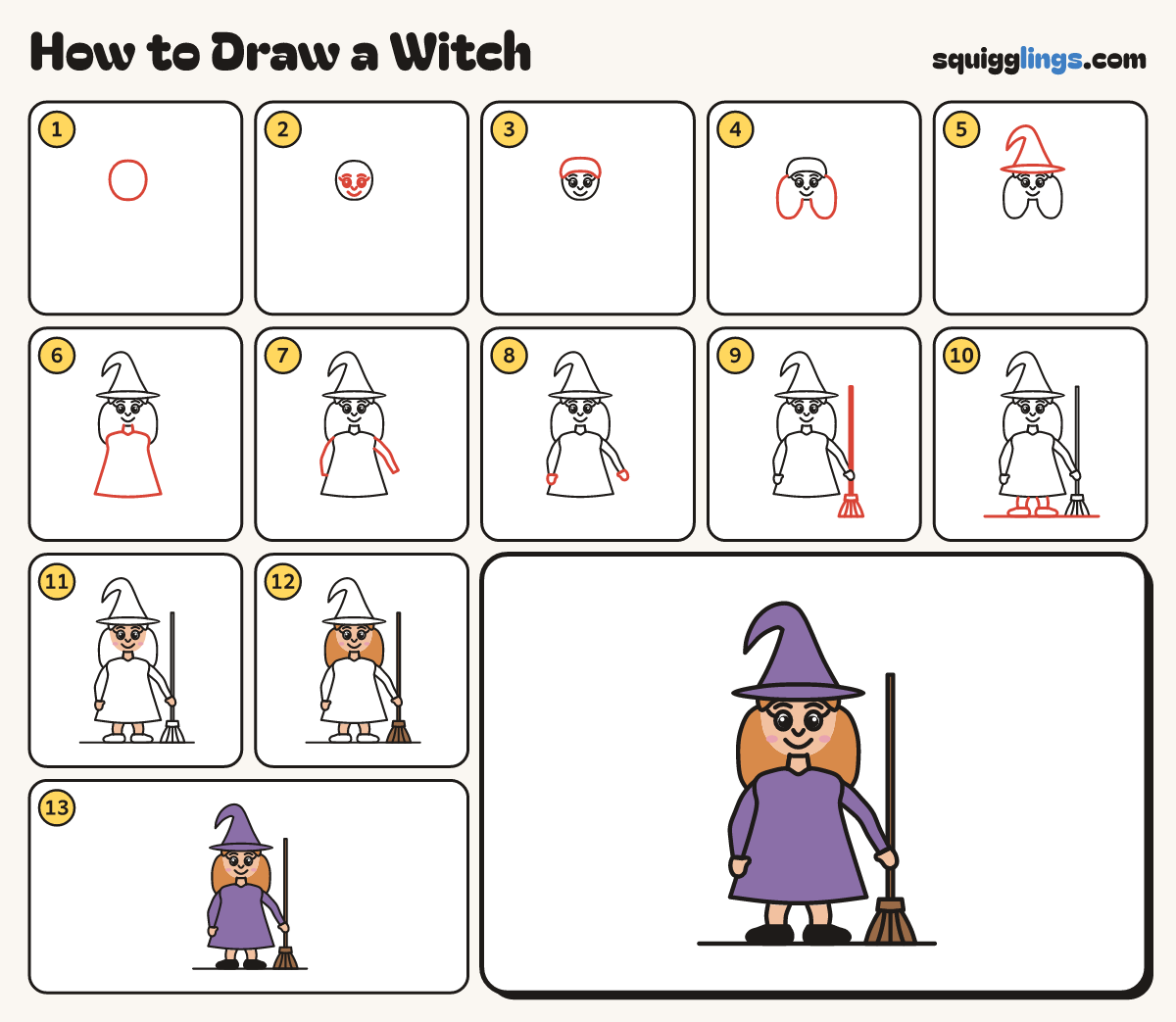 How to Draw a Witch step by step: all 13 steps in one picture
