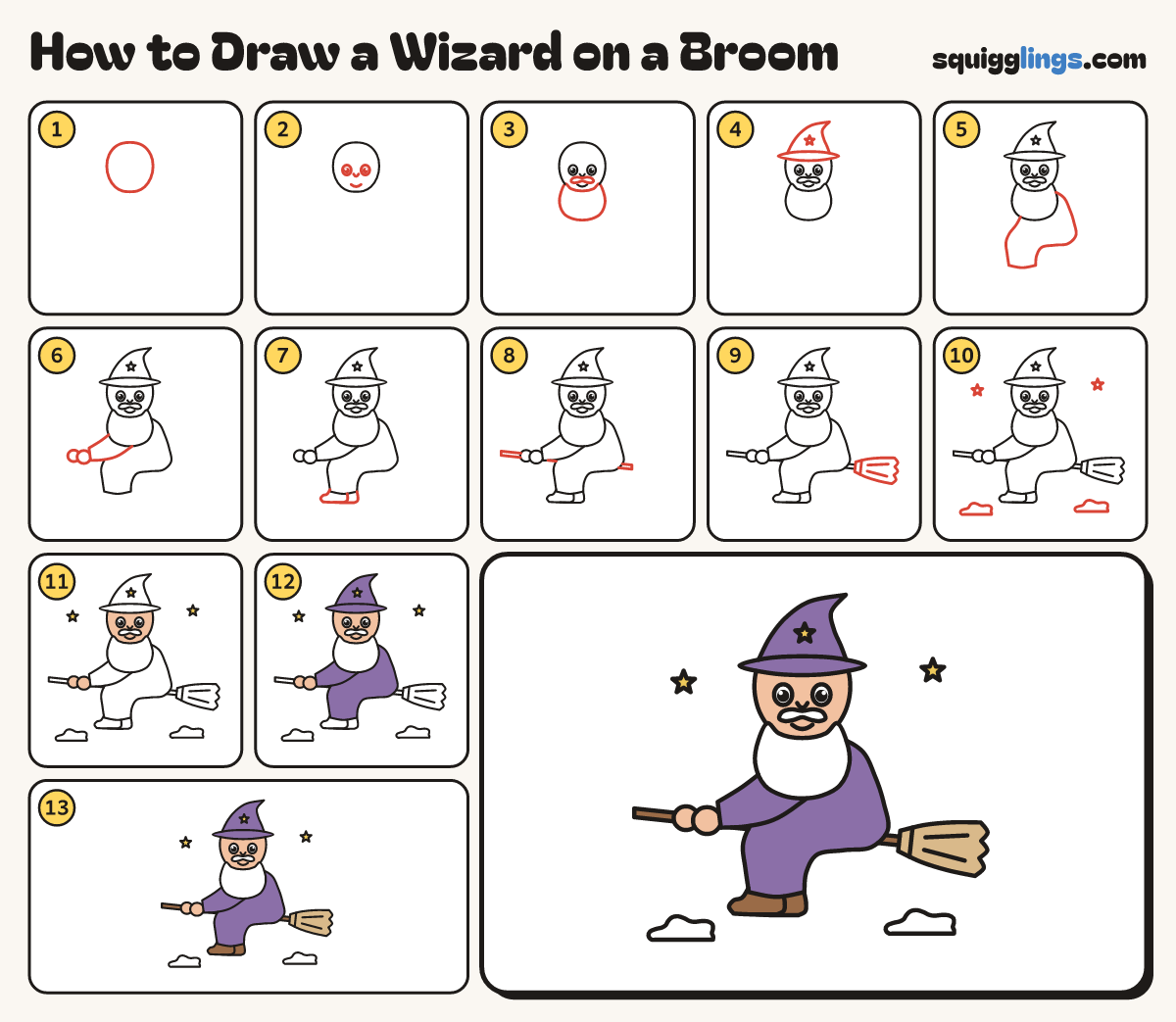 How to Draw a Wizard on a Broom step by step: all 13 steps in one picture