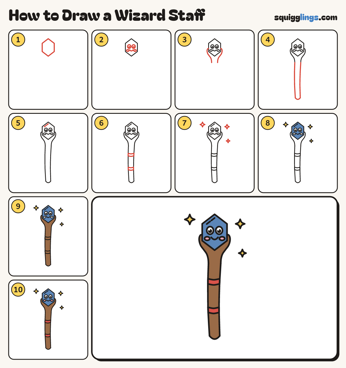 How to Draw a Wizard Staff step by step: all 10 steps in one picture