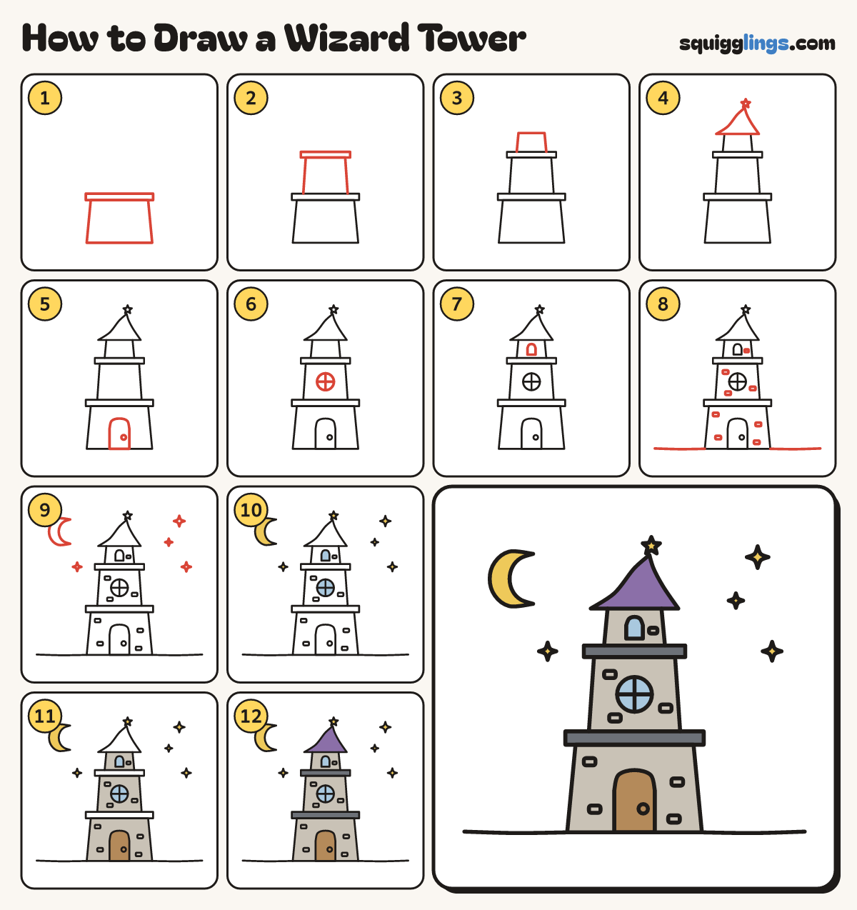 How to Draw a Wizard Tower step by step: all 12 steps in one picture