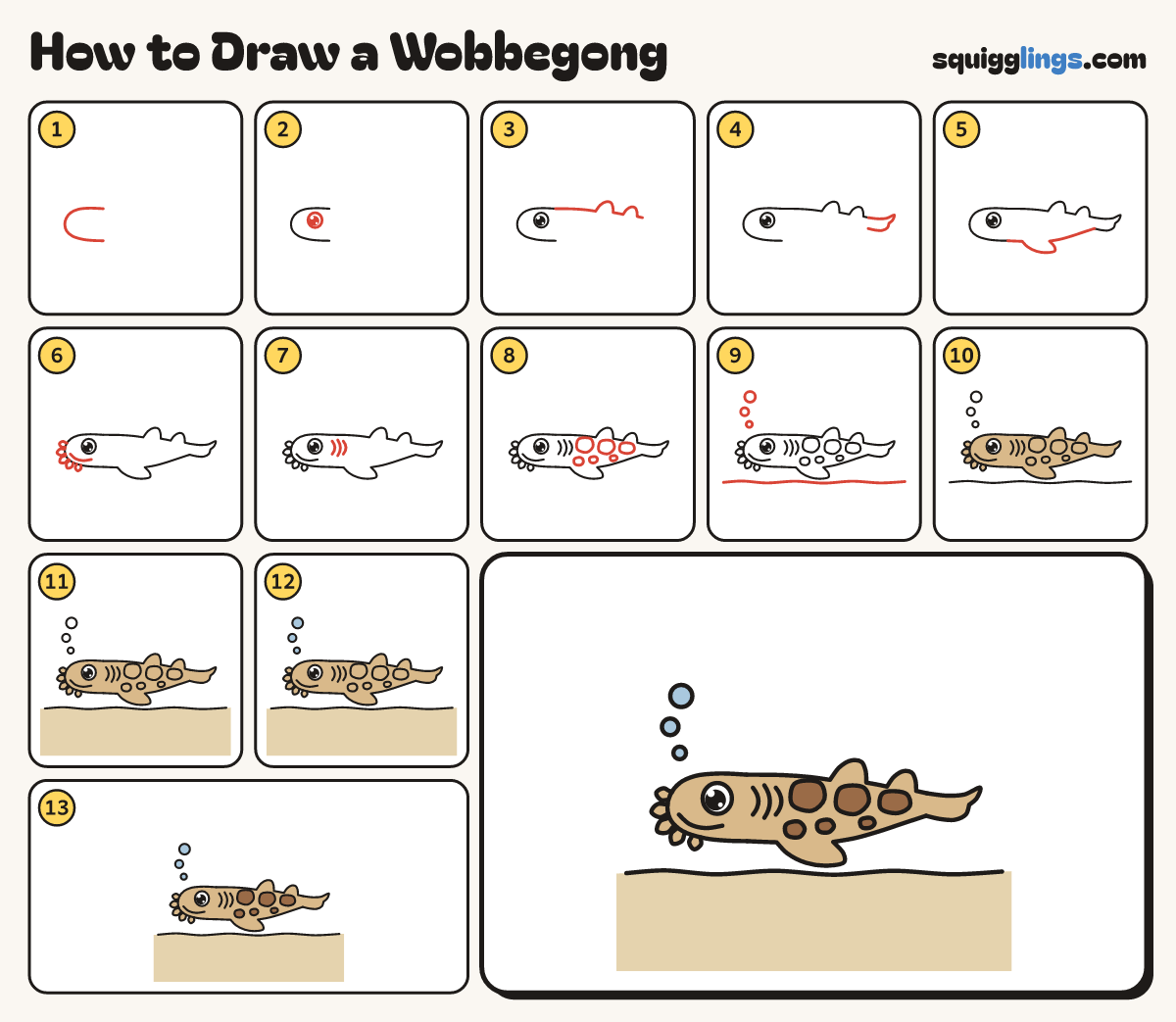How to Draw a Wobbegong step by step: all 13 steps in one picture
