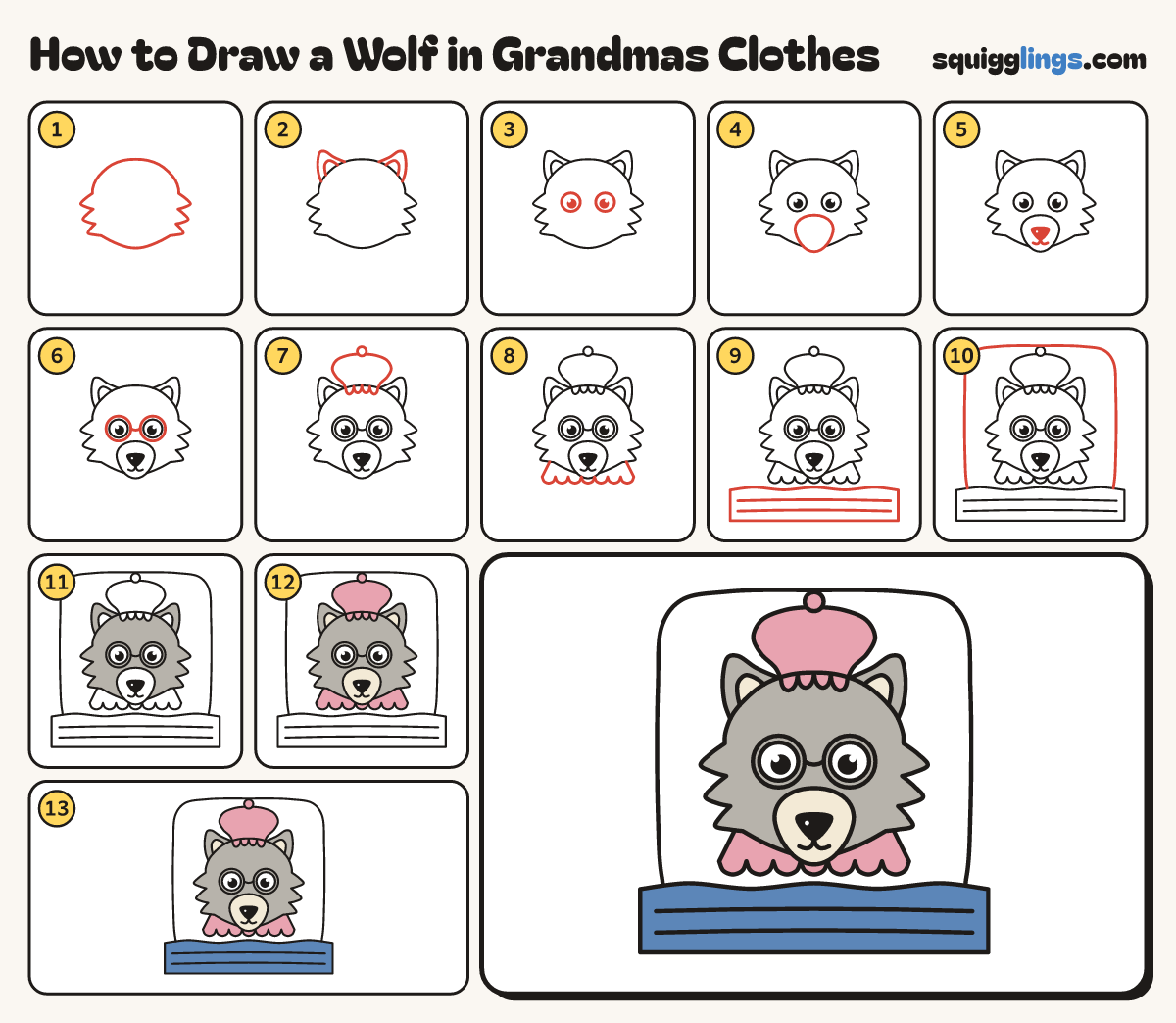 How to Draw a Wolf in Grandmas Clothes step by step: all 13 steps in one picture