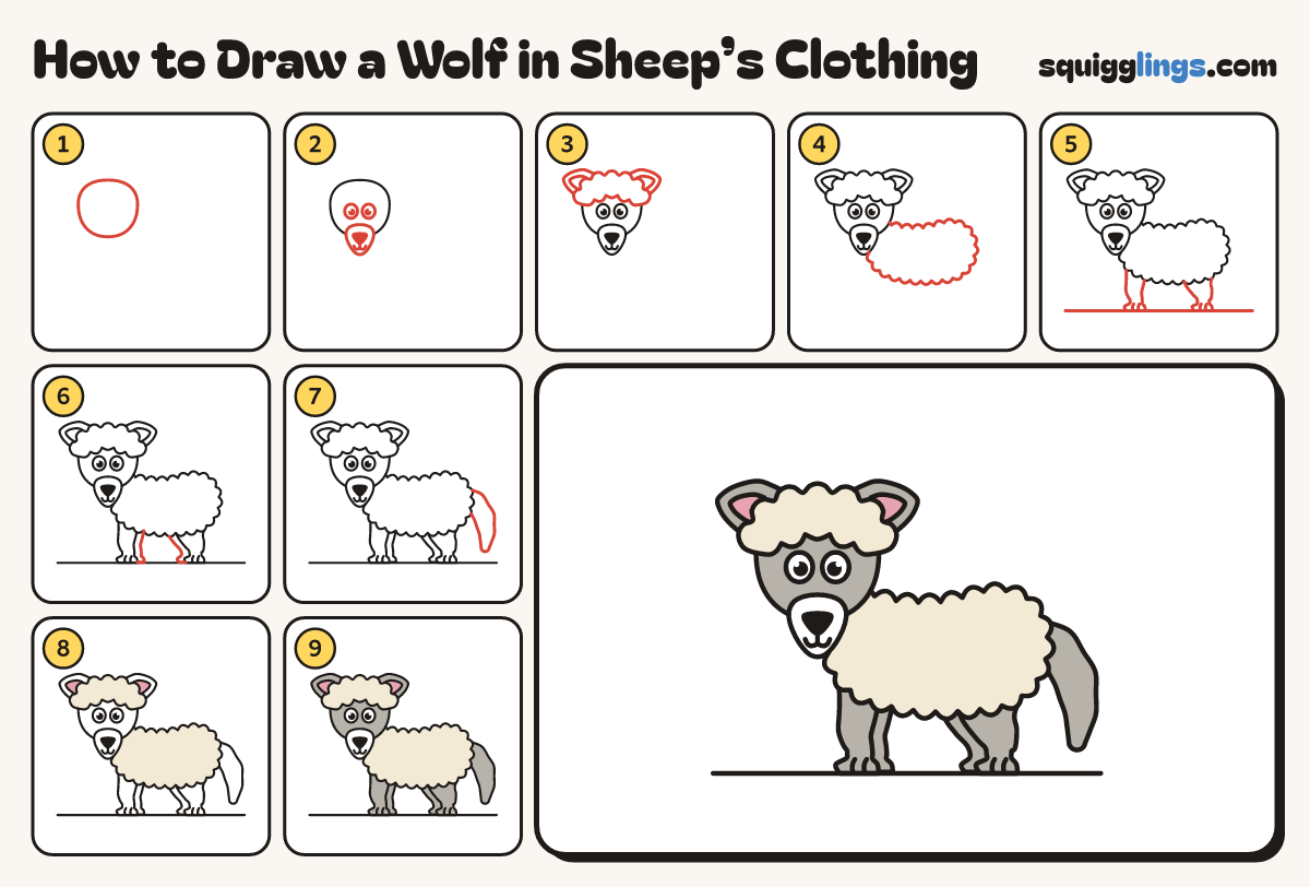 How to Draw a Wolf in Sheep’s Clothing step by step: all 9 steps in one picture
