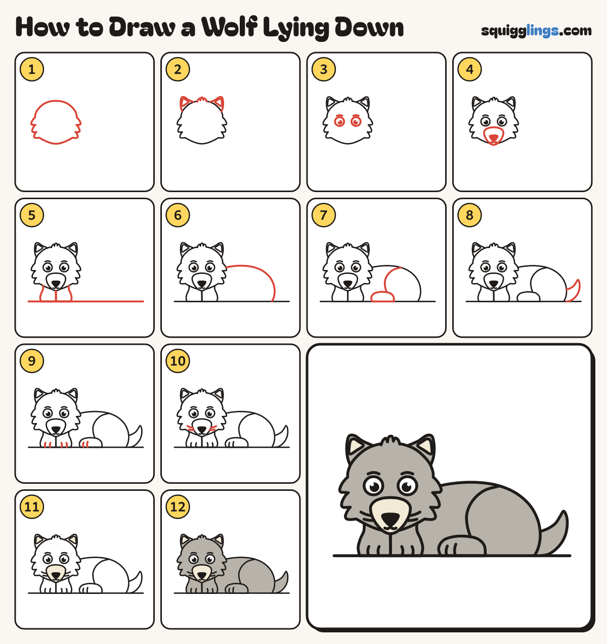 How to Draw a Wolf Lying Down step by step: all 12 steps in one picture